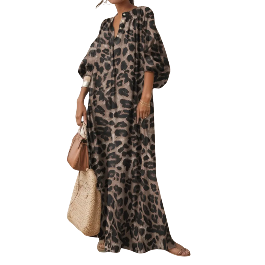 WILDA | Boho Puff Sleeve Leopard Maxi Dress