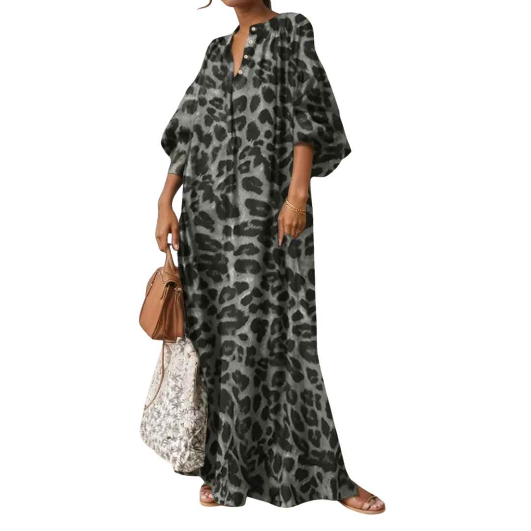 WILDA | Boho Puff Sleeve Leopard Maxi Dress