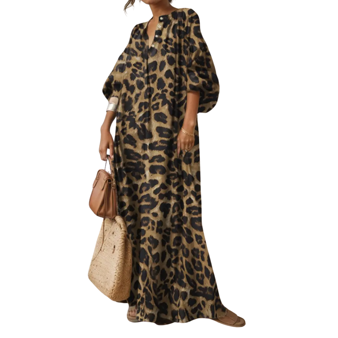WILDA | Boho Puff Sleeve Leopard Maxi Dress