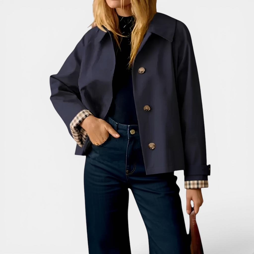 SOLVAINE™ – Plaid-Lined Cropped Trench Coat