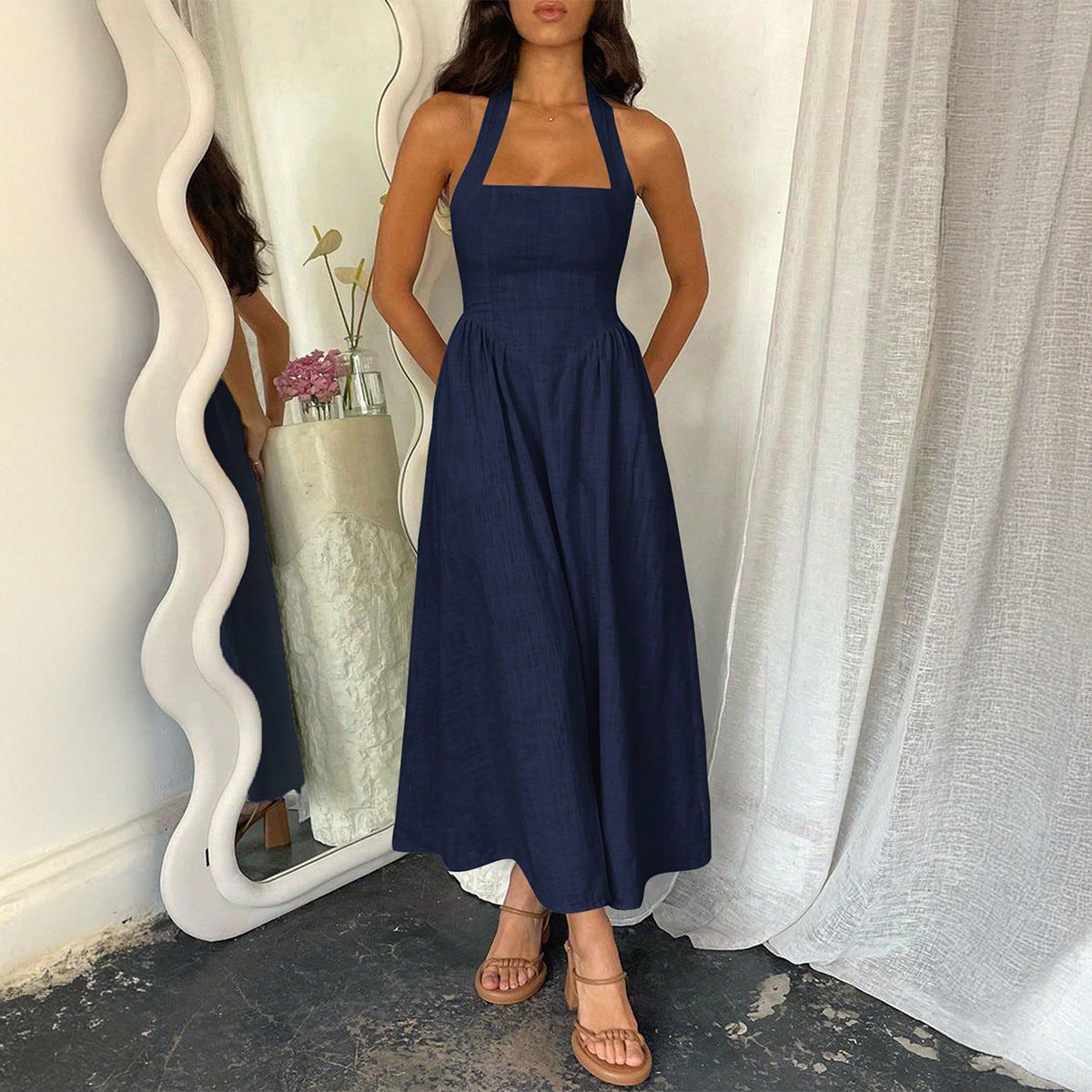 MYRNA | Vintage Summer Sleeveless Halter Neck A Line Maxi Dress