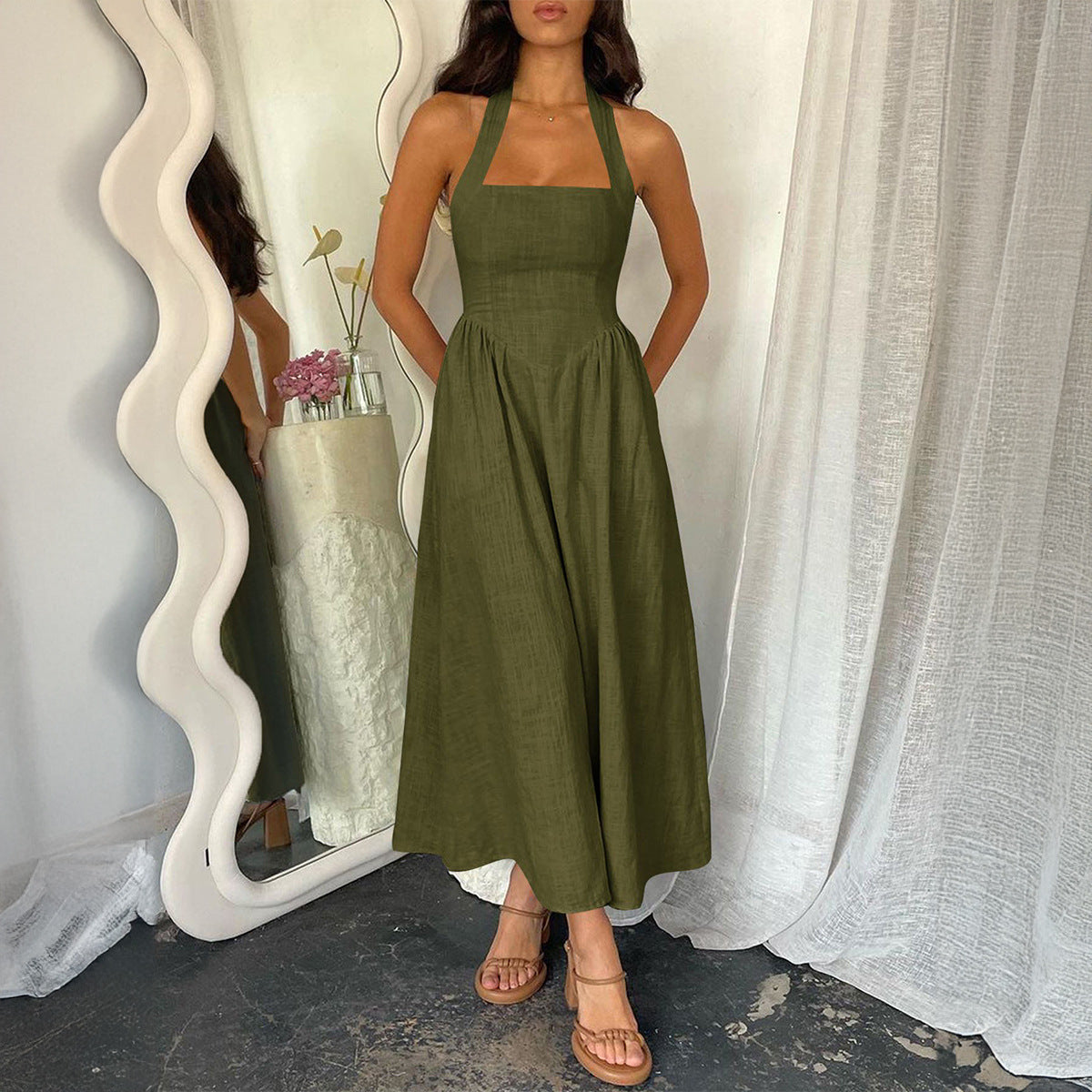 MYRNA | Vintage Summer Sleeveless Halter Neck A Line Maxi Dress
