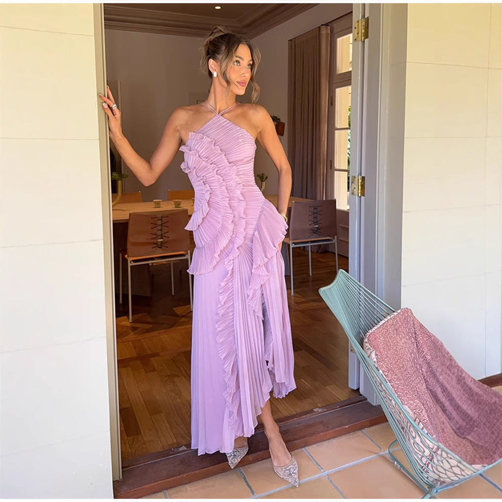 QUINTESSA | Elegant Halter Neck Lotus Summer Maxi Dress