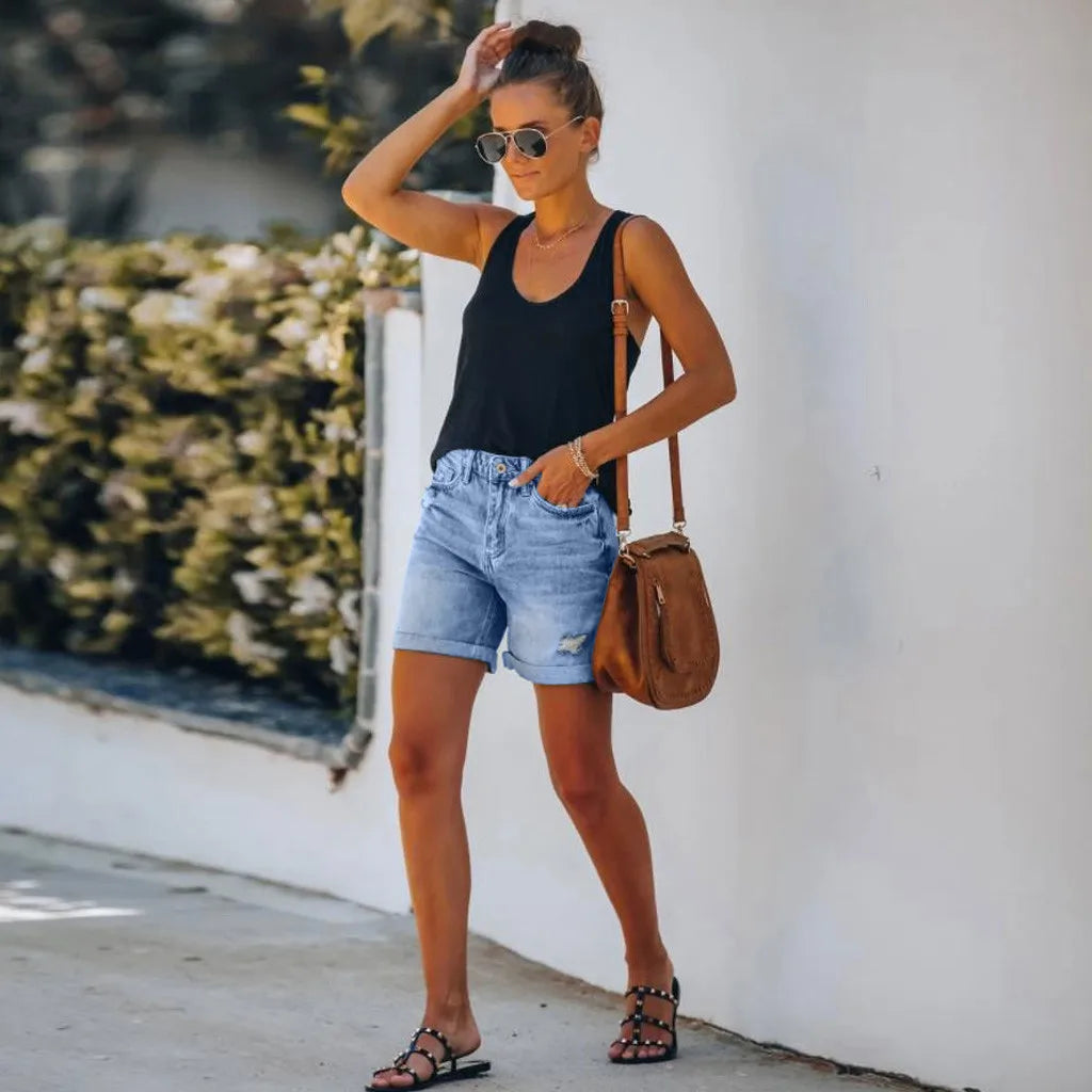Scout | Women's High Waist Denim Shorts Distressed Rolled Hem