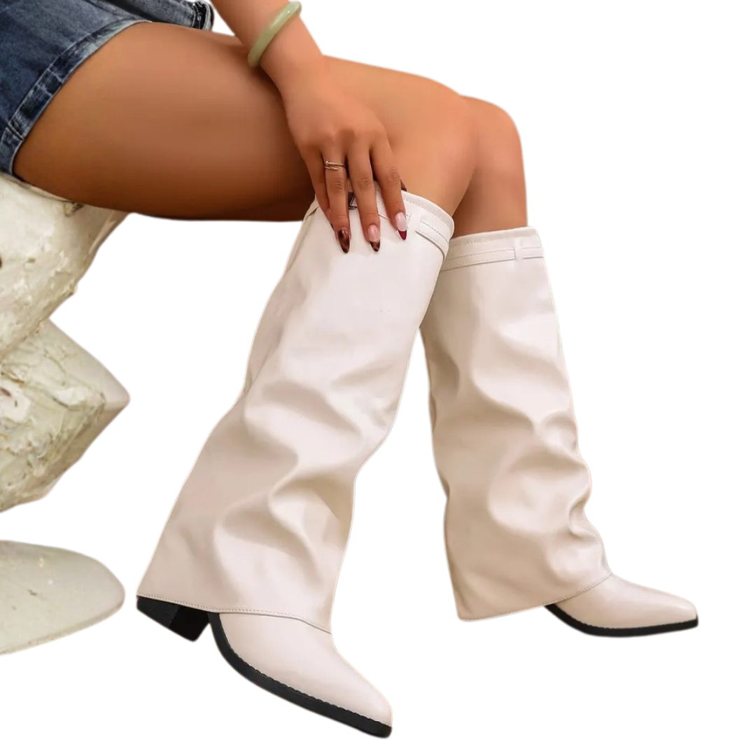 BRYNDIS™ – Pleated Thick-Heel Knee High PU Leather Boots