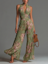 Zsófia | Green Floral Pleated Chiffon Jumpsuit