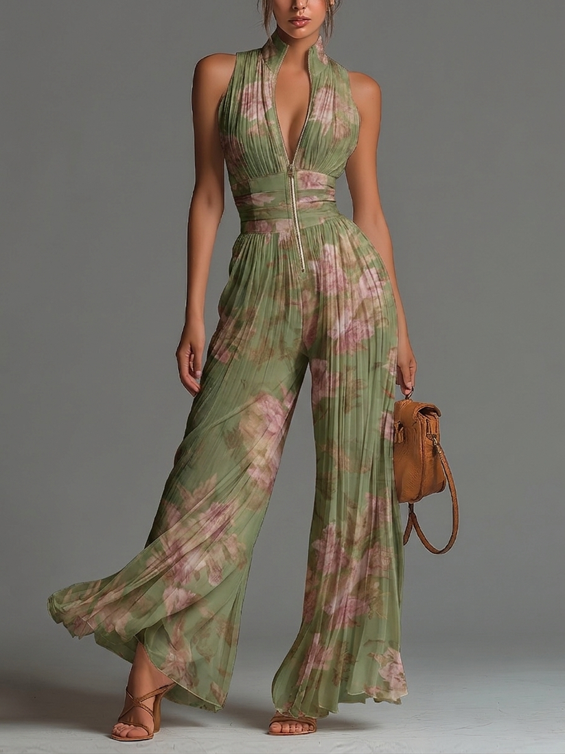 Zsófia | Green Floral Pleated Chiffon Jumpsuit