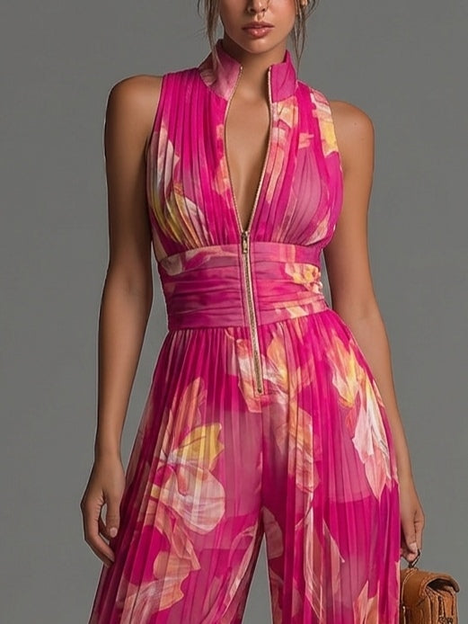 Zsófia | Fuchsia Floral Pleated Chiffon Jumpsuit
