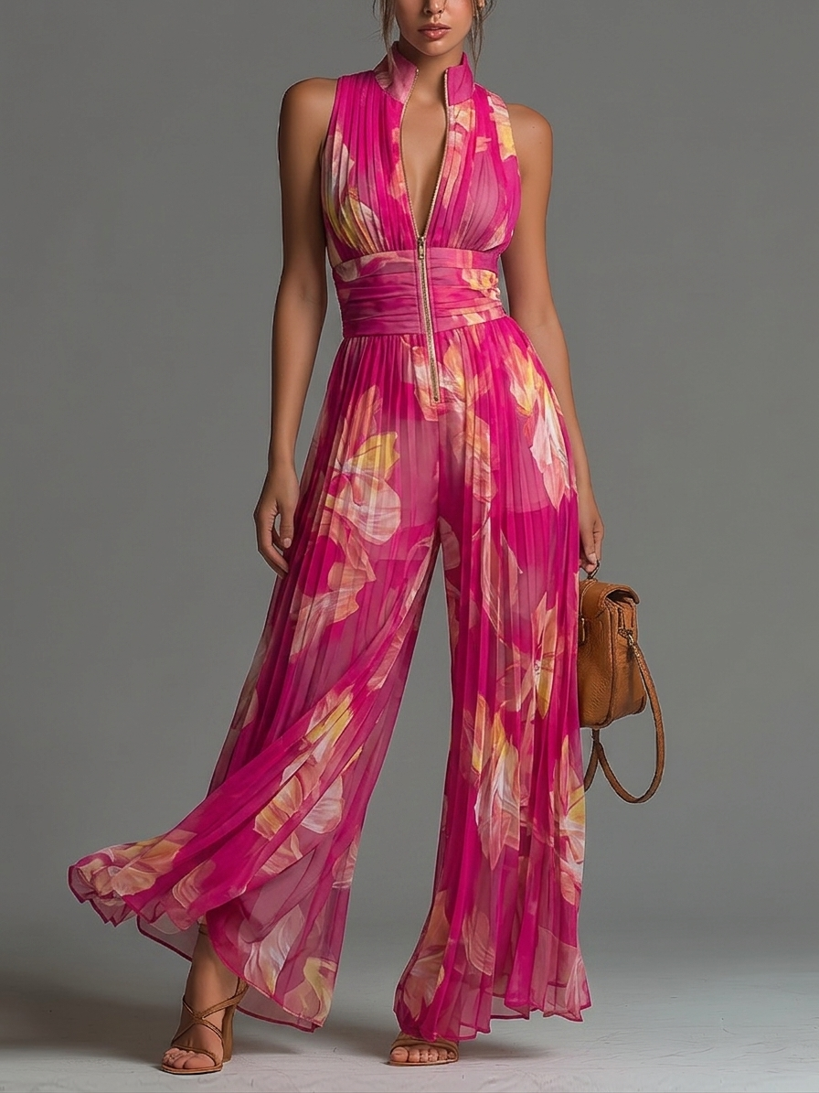 Zsófia | Fuchsia Floral Pleated Chiffon Jumpsuit