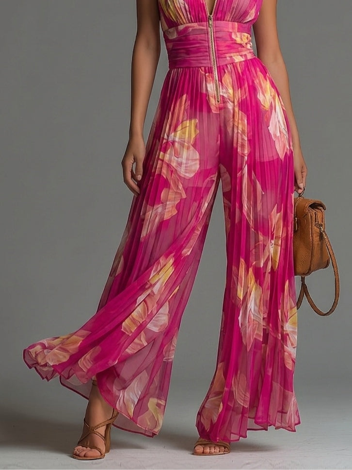 Zsófia | Fuchsia Floral Pleated Chiffon Jumpsuit