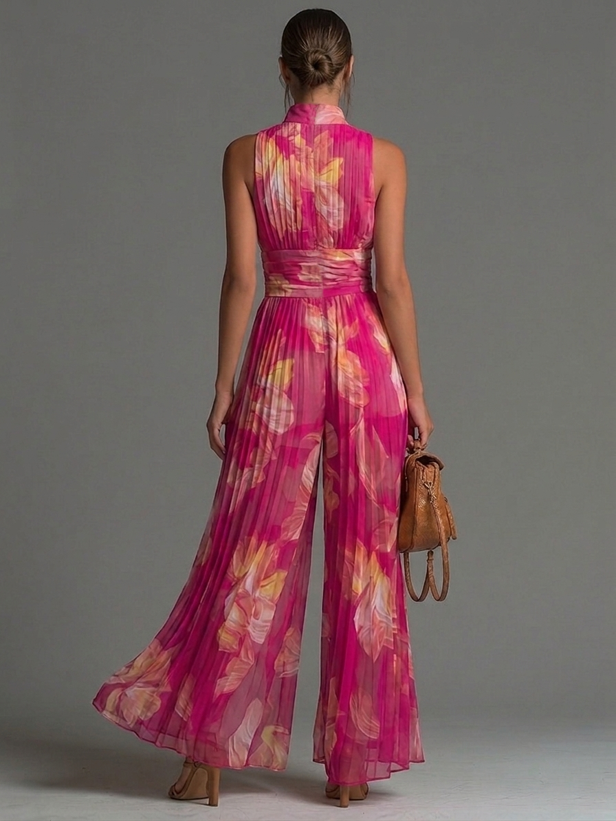 Zsófia | Fuchsia Floral Pleated Chiffon Jumpsuit