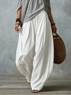 Grey Off-shoulder Top And White Loose-fitting Lantern Pants Suit