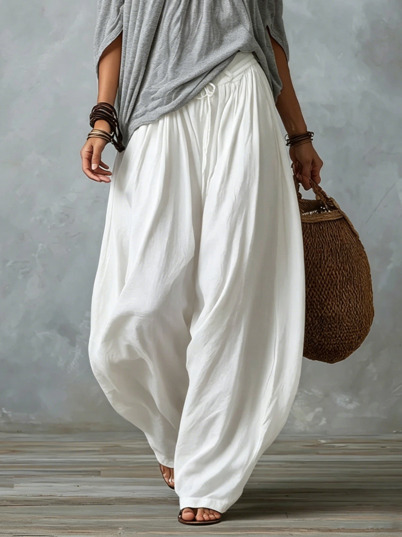 Grey Off-shoulder Top And White Loose-fitting Lantern Pants Suit