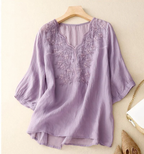 Women's Cotton Linen V Neck Retro Embroidered comfort Casual Top