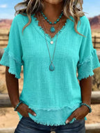 Sara | Vintage Frayed V-Neck Linen Top