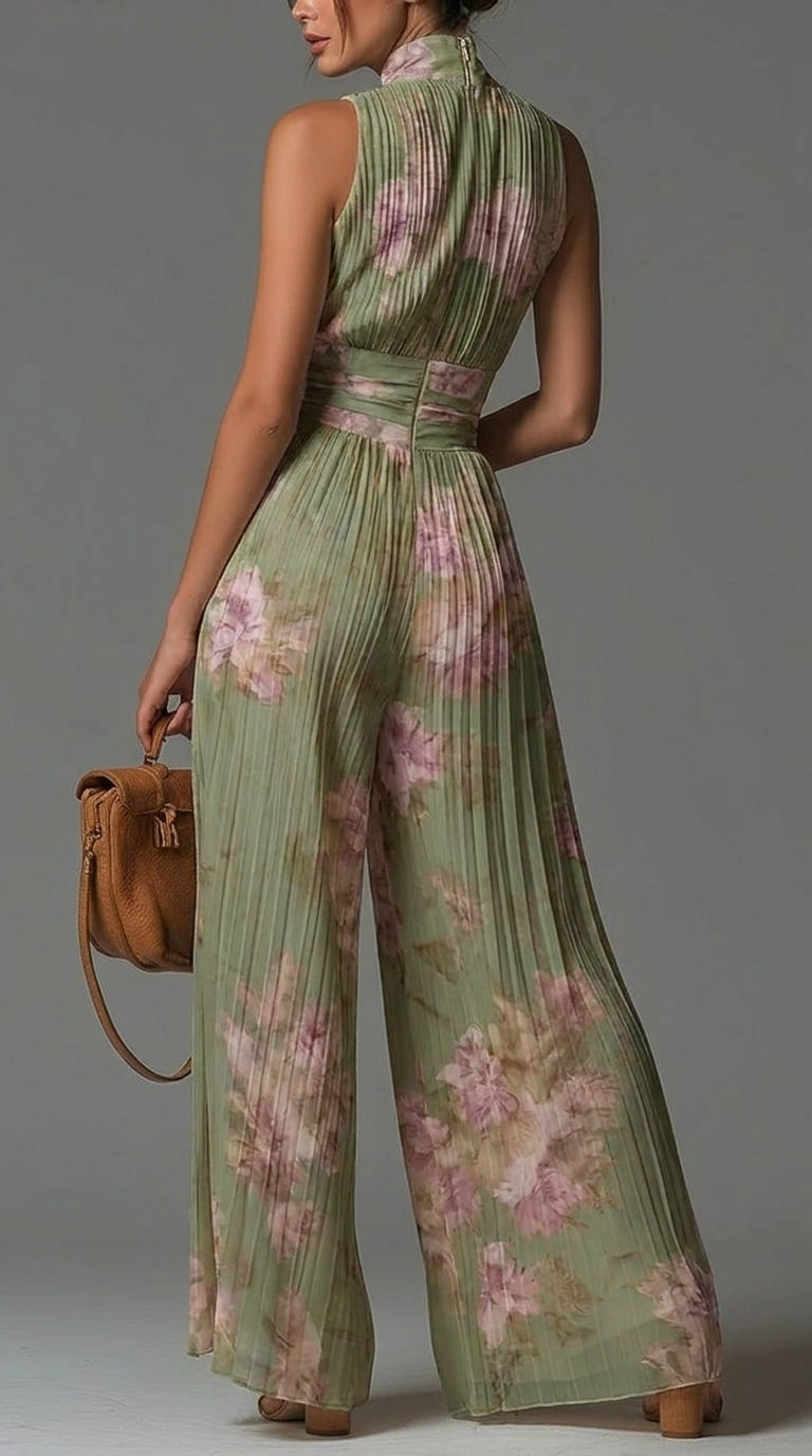 Zsófia | Green Floral Pleated Chiffon Jumpsuit