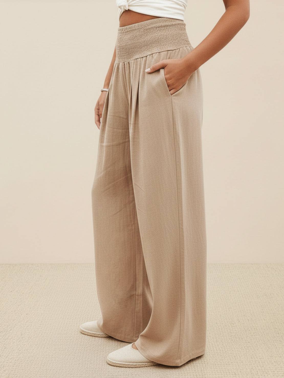 SADIE | Women's High Waist Wide Leg Pants Smocked Waistband