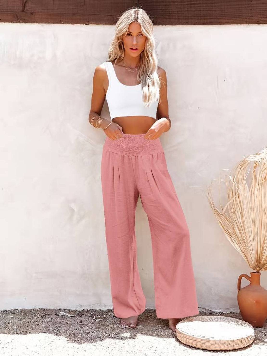 SADIE | Women's High Waist Wide Leg Pants Smocked Waistband