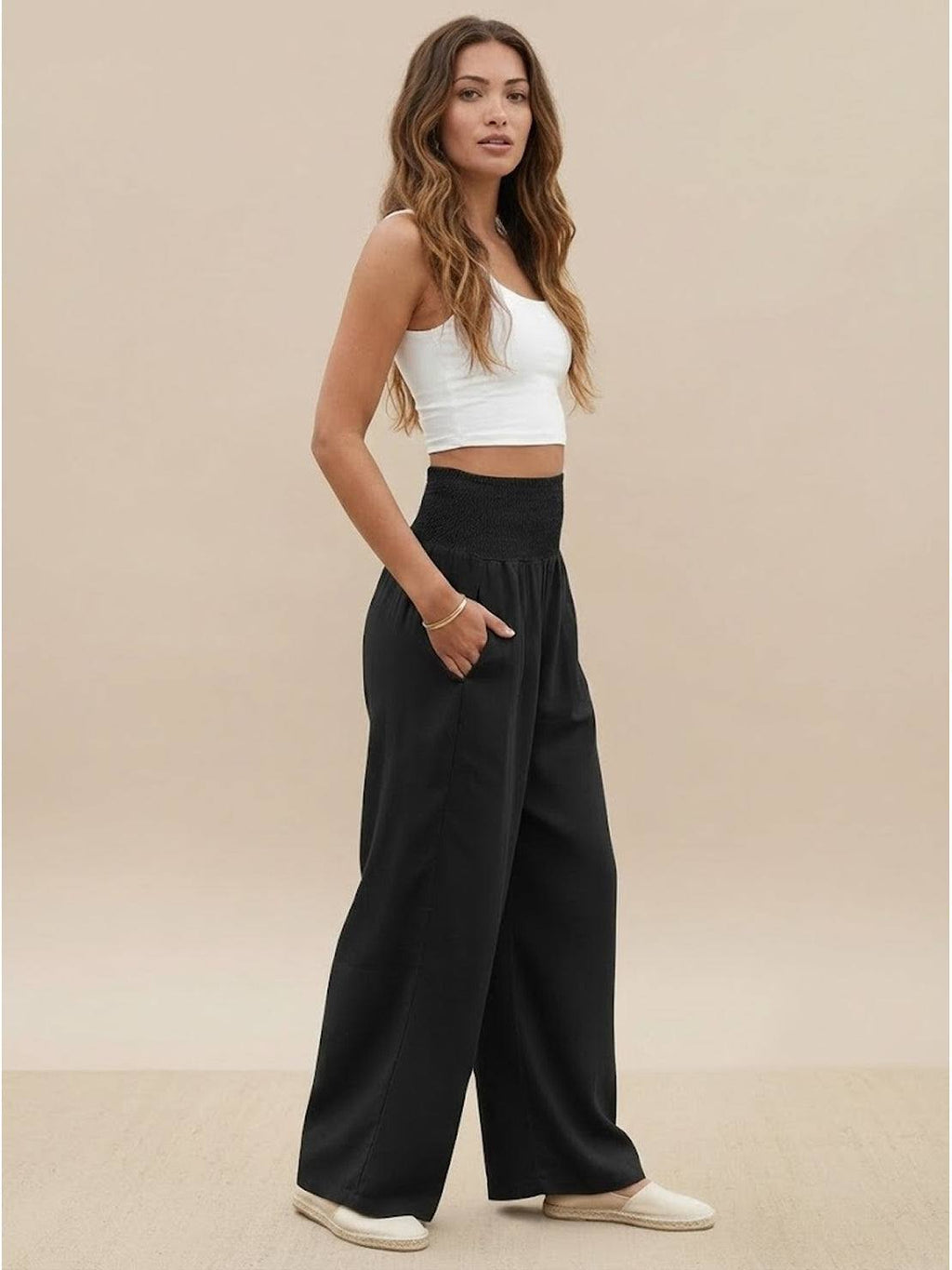 SADIE | Women's High Waist Wide Leg Pants Smocked Waistband