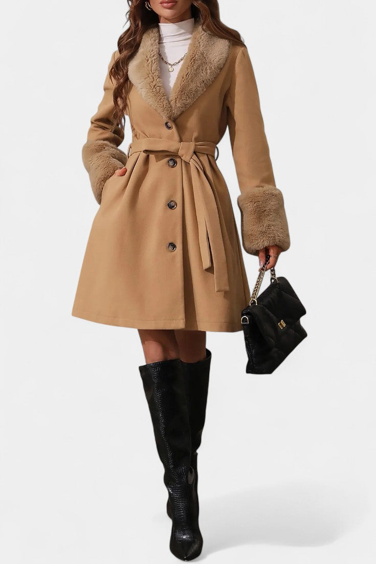 CELESTE | Trapeze Coat with Belt and Faux Fur Details