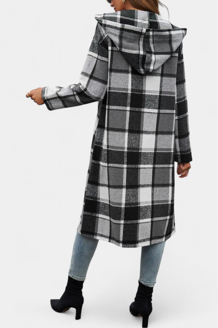 Sandrine Brushed Check Hooded Jacket with Button Closure