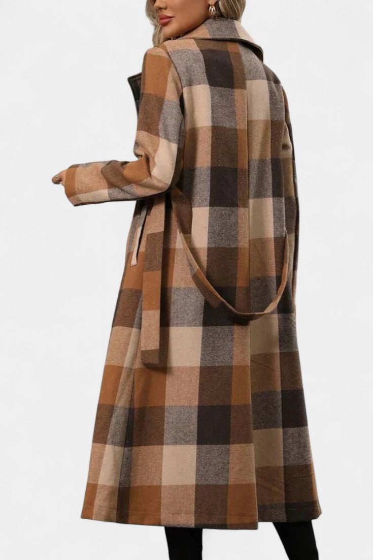 GISELLE | Long Check Coat with Double Breasted and Notched Collar