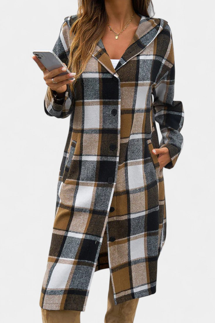 Sandrine Brushed Check Hooded Jacket with Button Closure