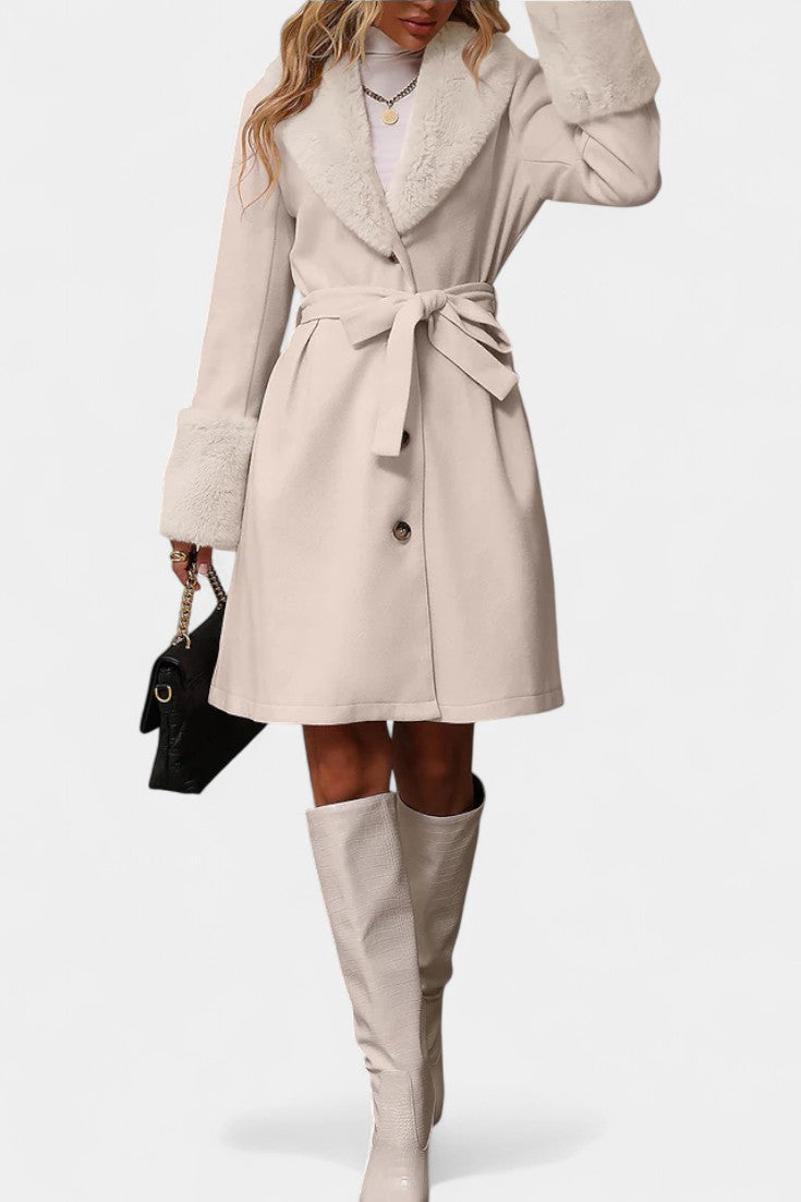 CELESTE | Trapeze Coat with Belt and Faux Fur Details