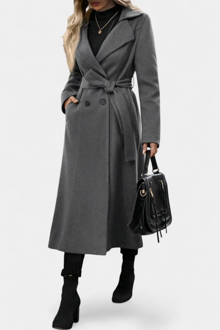 GISELLE | Long Check Coat with Double Breasted and Notched Collar