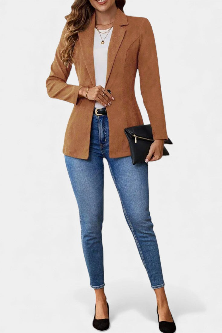 Rhéane Long Blazer with Notched Lapels and Single Button Closure