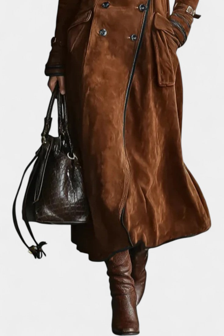 VERA | Long Coat in Suede with Double Breasted and Black Trim