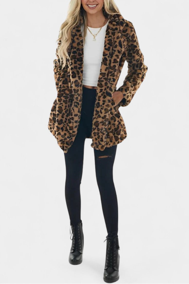 Énola Long Leopard Print Faux Fur Coat with Pockets