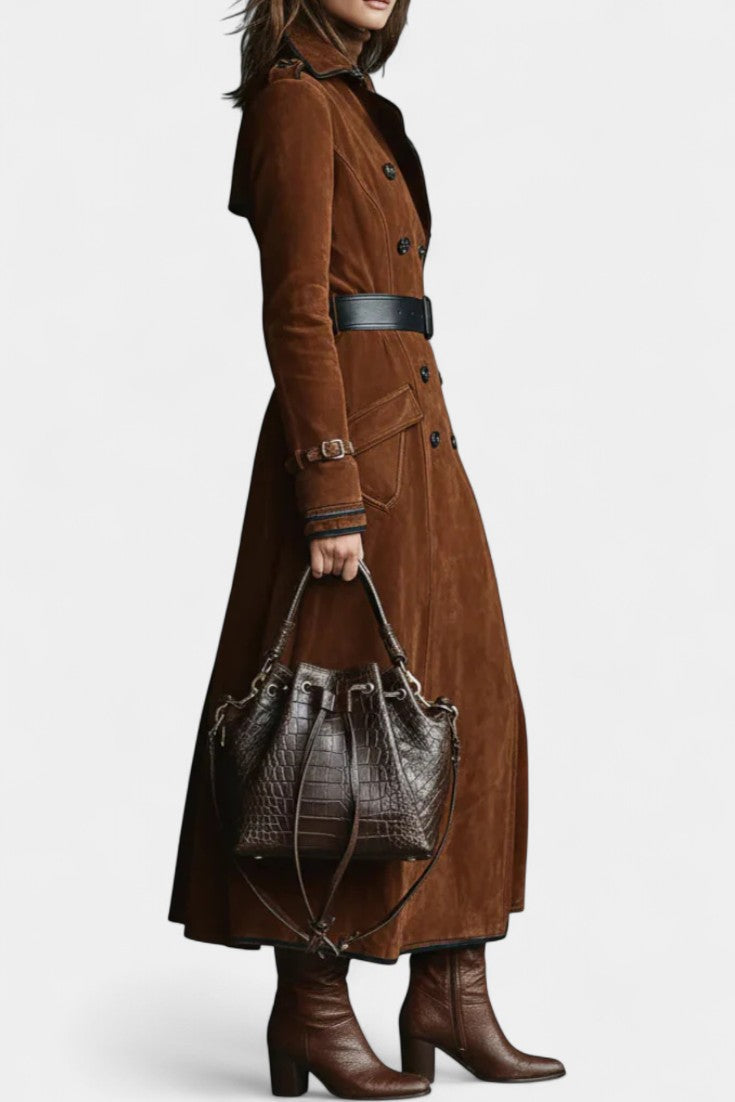 VERA | Long Coat in Suede with Double Breasted and Black Trim