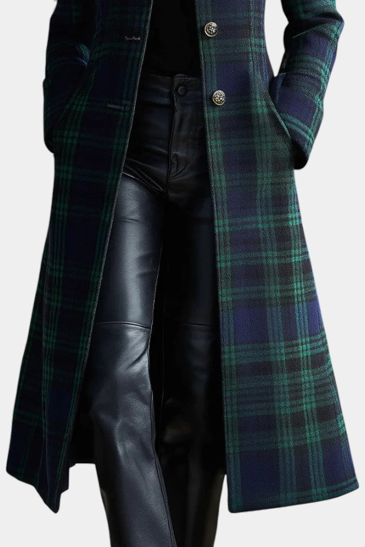 MABEL | Midi Retro Checkered Blue-Green Bicolored Coat