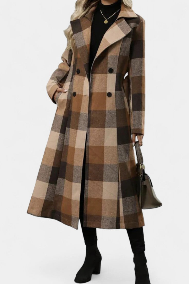 GISELLE | Long Check Coat with Double Breasted and Notched Collar