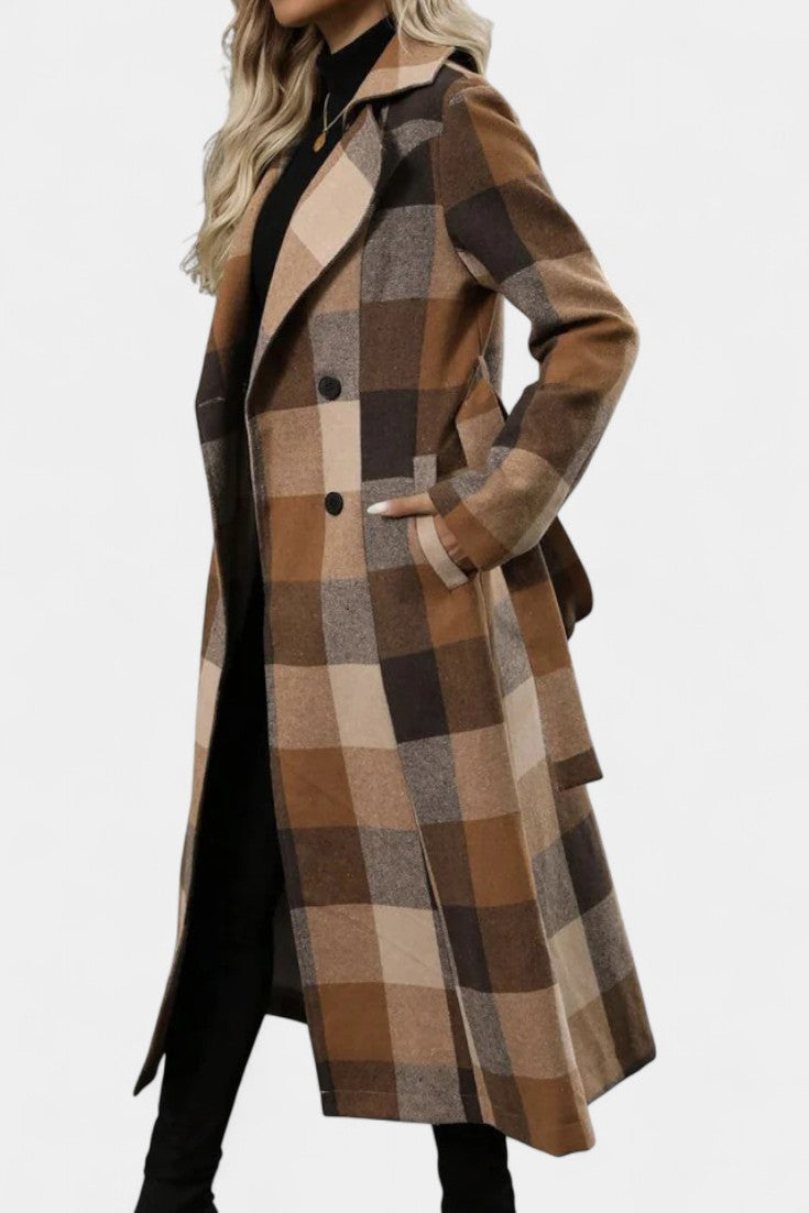 GISELLE | Long Check Coat with Double Breasted and Notched Collar