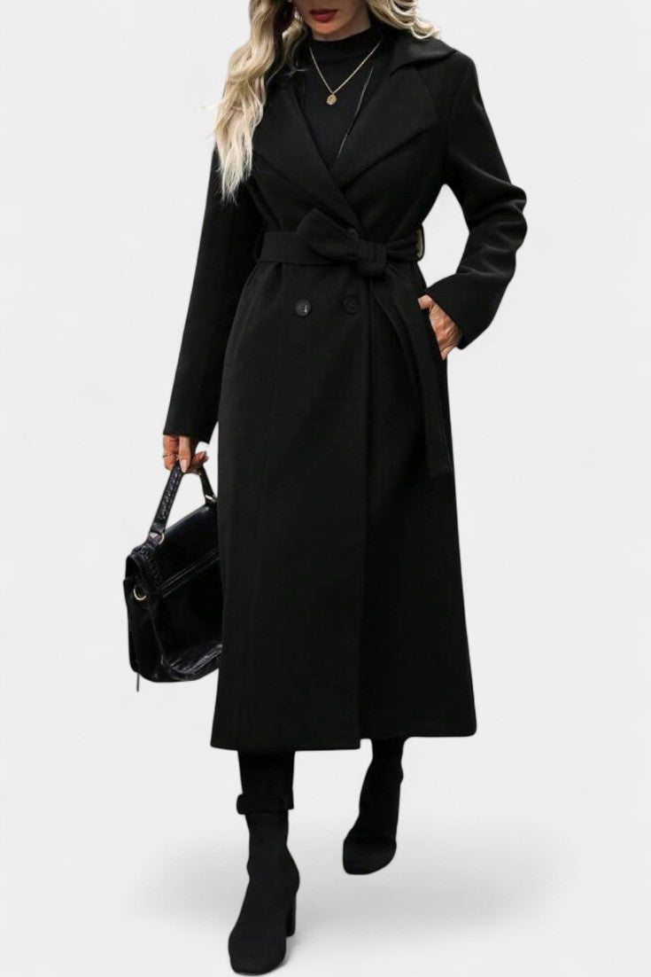 GISELLE | Long Check Coat with Double Breasted and Notched Collar
