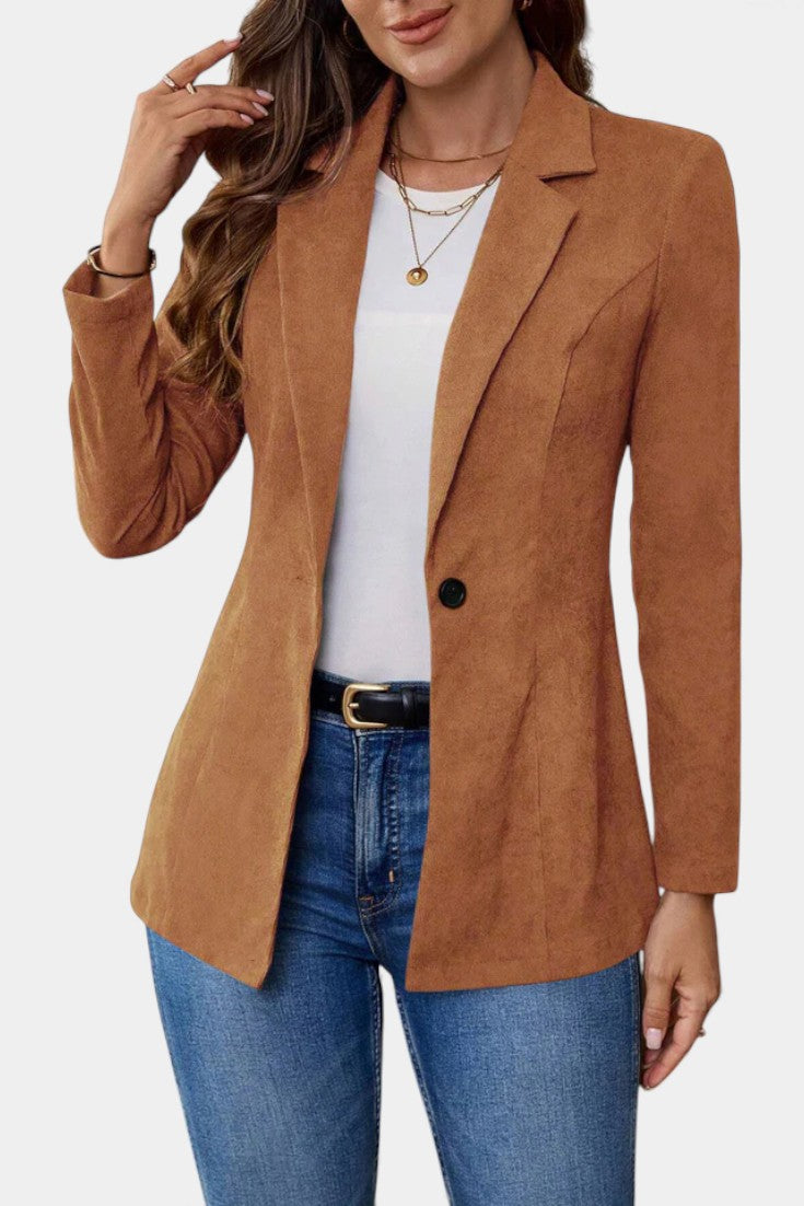 Rhéane Long Blazer with Notched Lapels and Single Button Closure