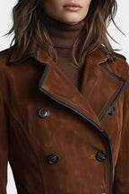 VERA | Long Coat in Suede with Double Breasted and Black Trim