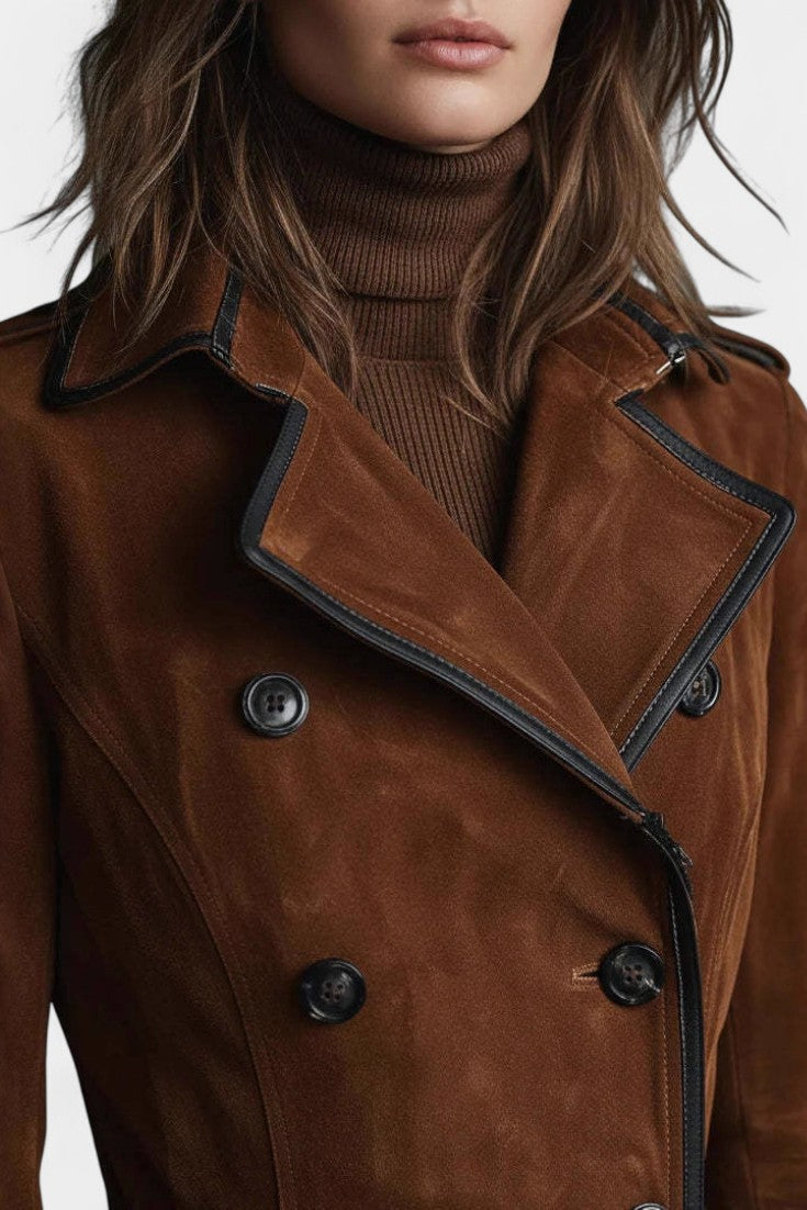 VERA | Long Coat in Suede with Double Breasted and Black Trim