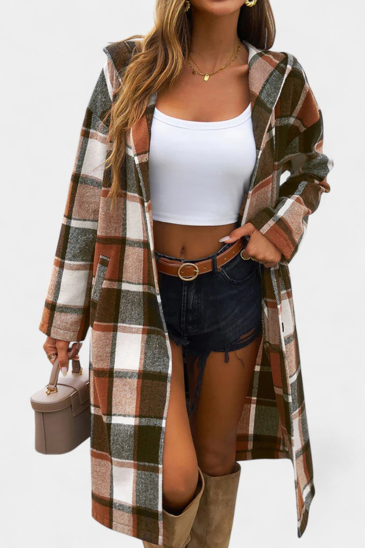 Sandrine Brushed Check Hooded Jacket with Button Closure