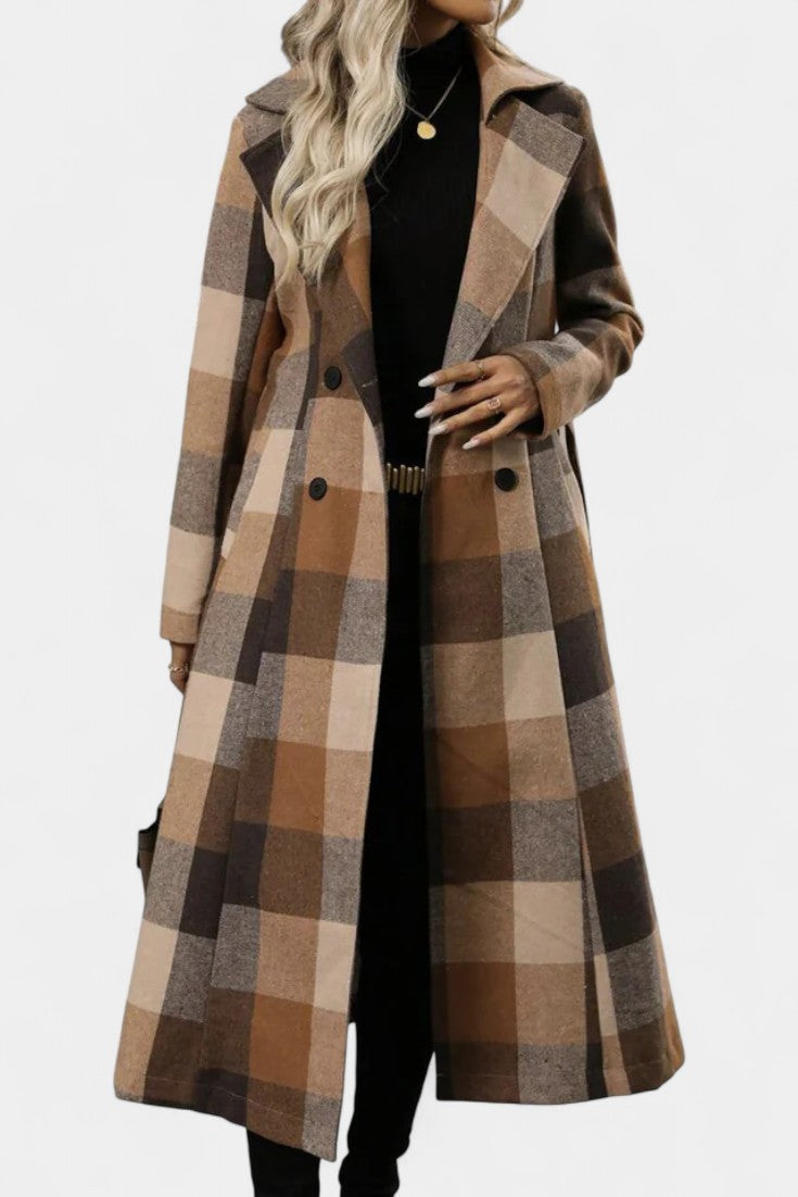 GISELLE | Long Check Coat with Double Breasted and Notched Collar