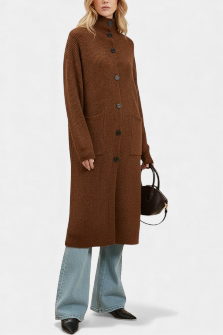 SKYE | Long Knit Coat with Soft Turtleneck and Button Closure
