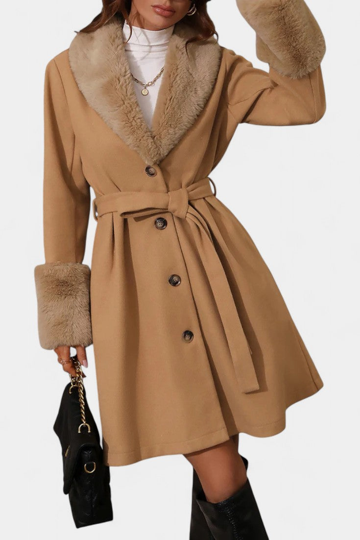 CELESTE | Trapeze Coat with Belt and Faux Fur Details