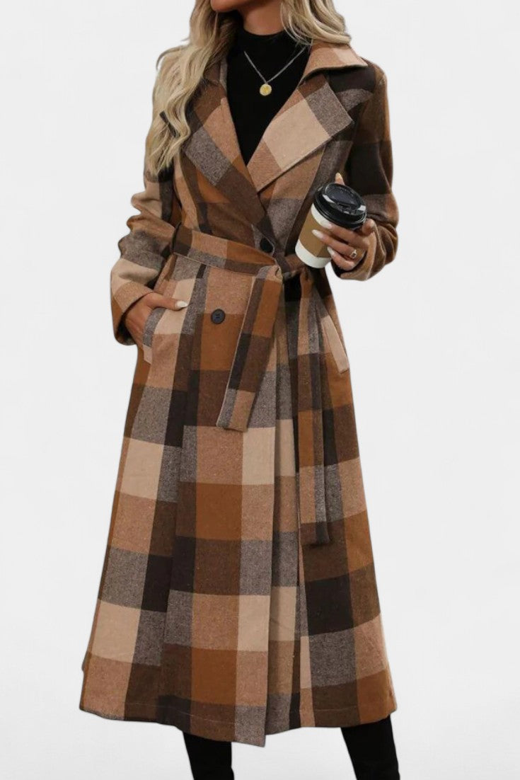 GISELLE | Long Check Coat with Double Breasted and Notched Collar