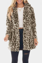 Énola Long Leopard Print Faux Fur Coat with Pockets