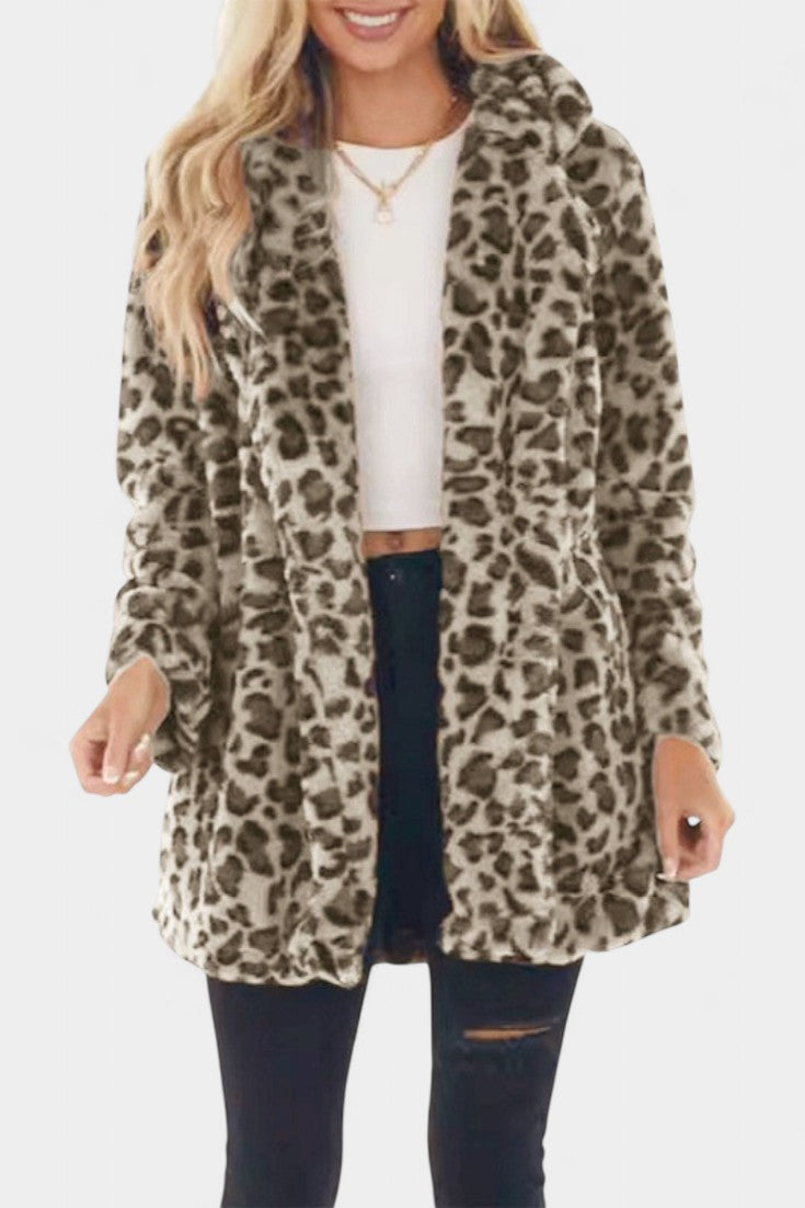 Énola Long Leopard Print Faux Fur Coat with Pockets