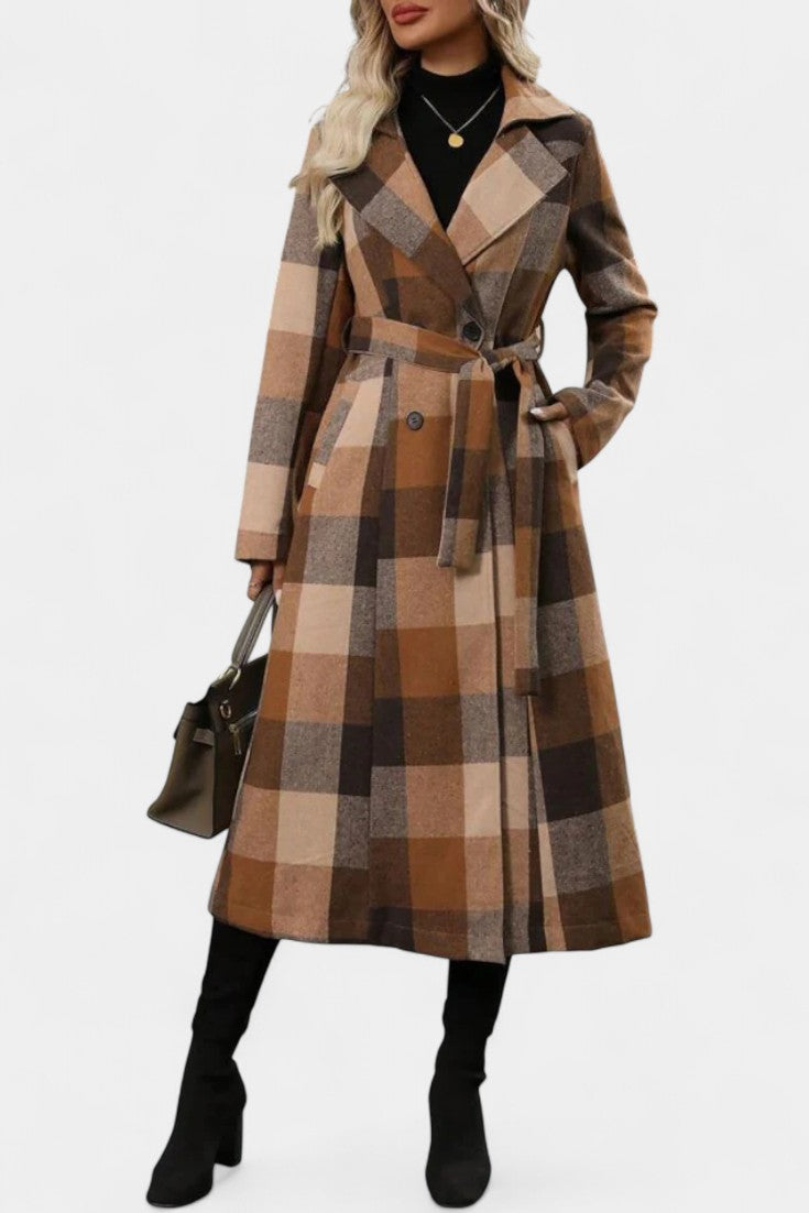 GISELLE | Long Check Coat with Double Breasted and Notched Collar