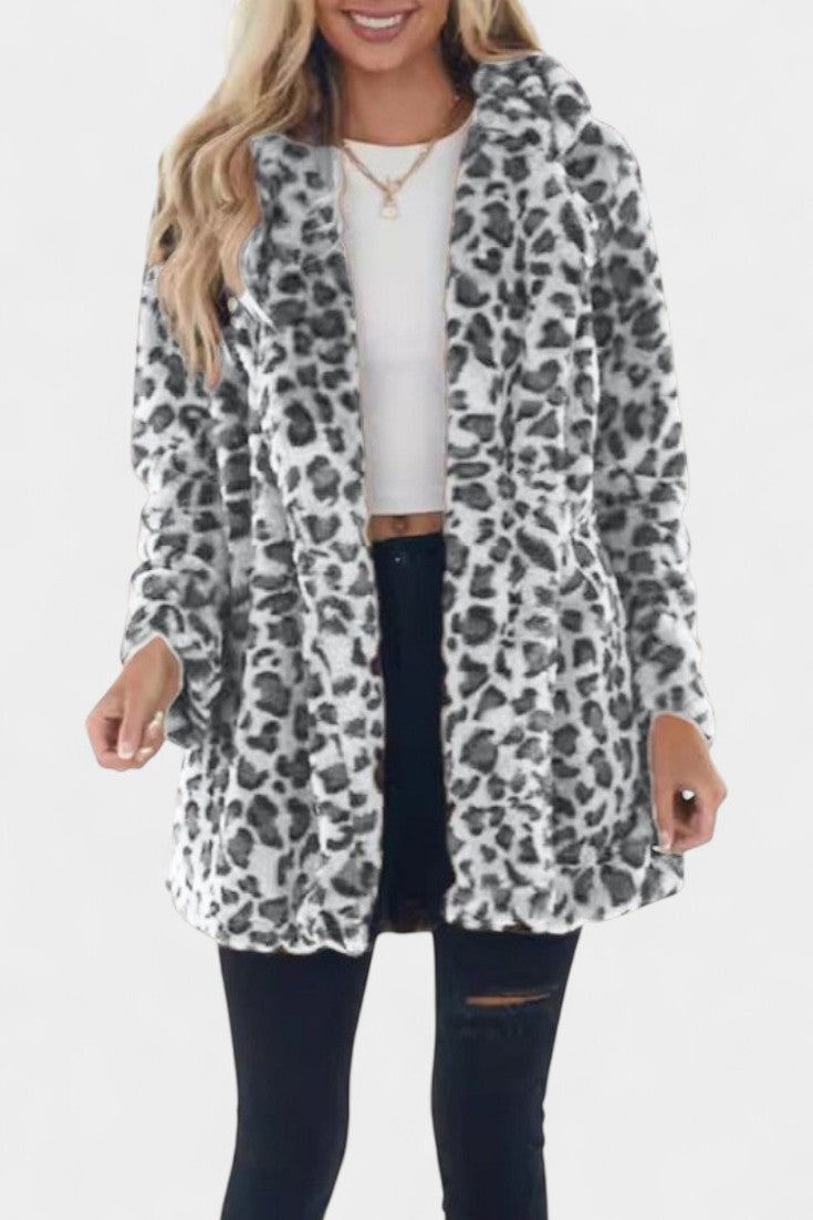 Énola Long Leopard Print Faux Fur Coat with Pockets