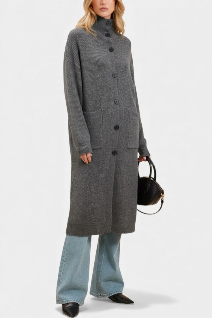 SKYE | Long Knit Coat with Soft Turtleneck and Button Closure